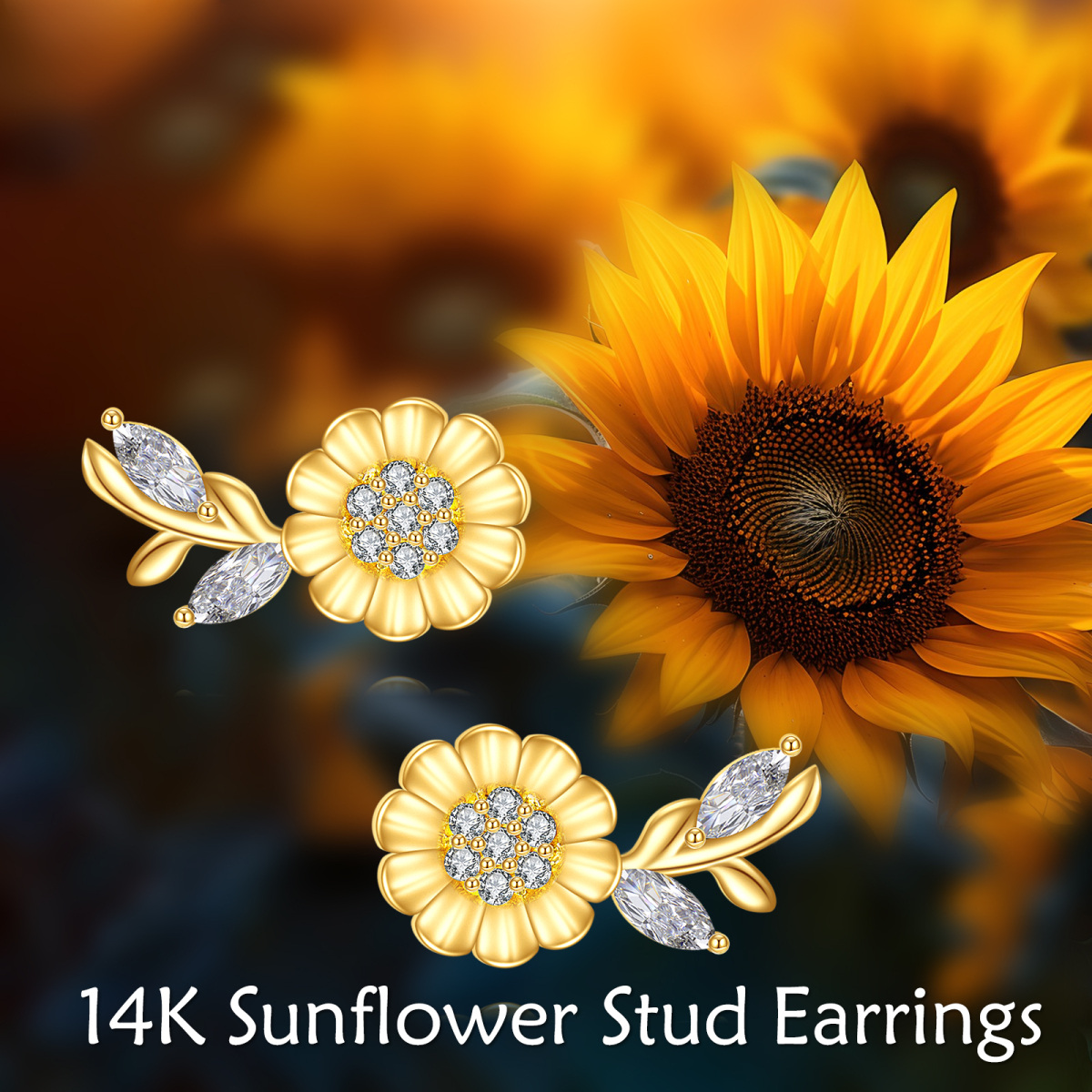 10K Gold Cubic Zirconia Marquise Sunflower Stud Earrings For Women-6