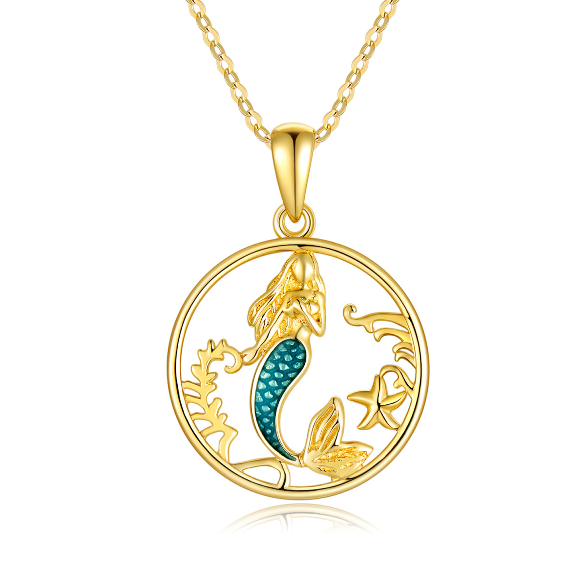 Collier en or 14K avec pendentif sirène de forme circulaire-1