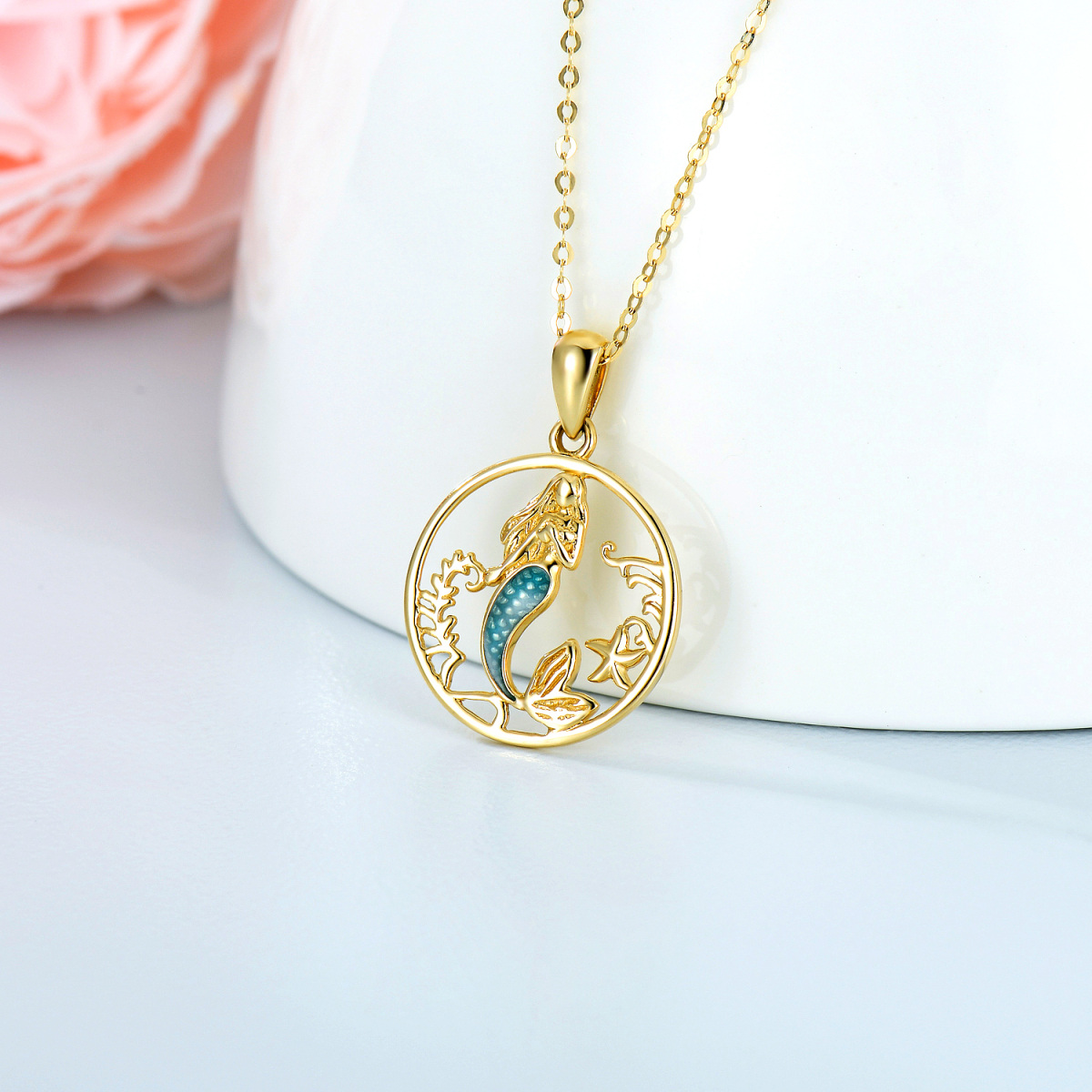 14K Gold Circular Shaped Mermaid Pendant Necklace-3