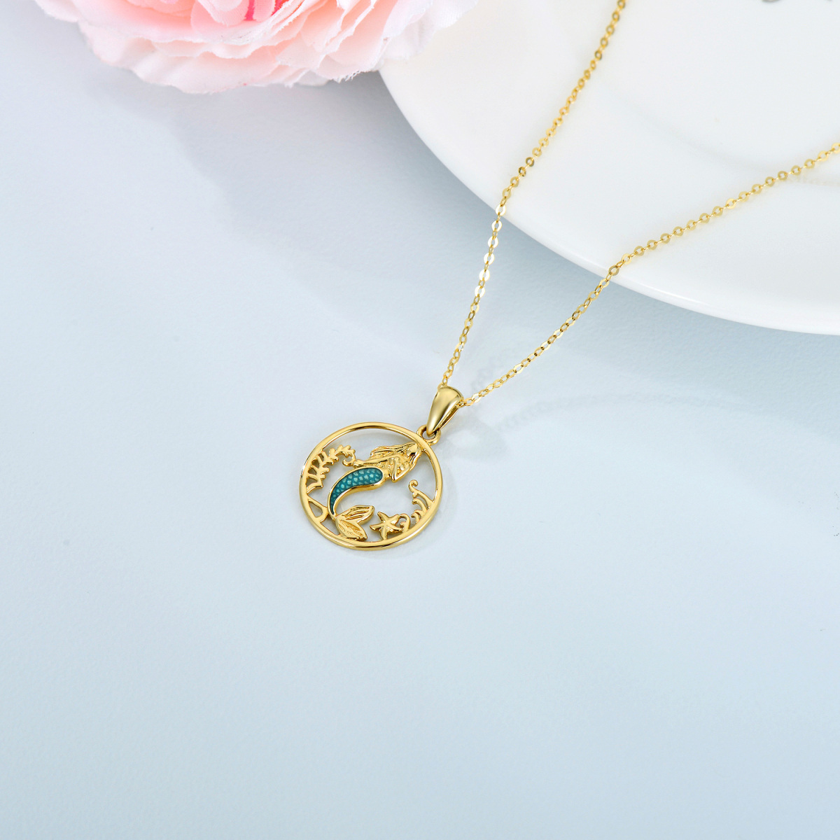 Collar Colgante Sirena Circular Oro 14K-4