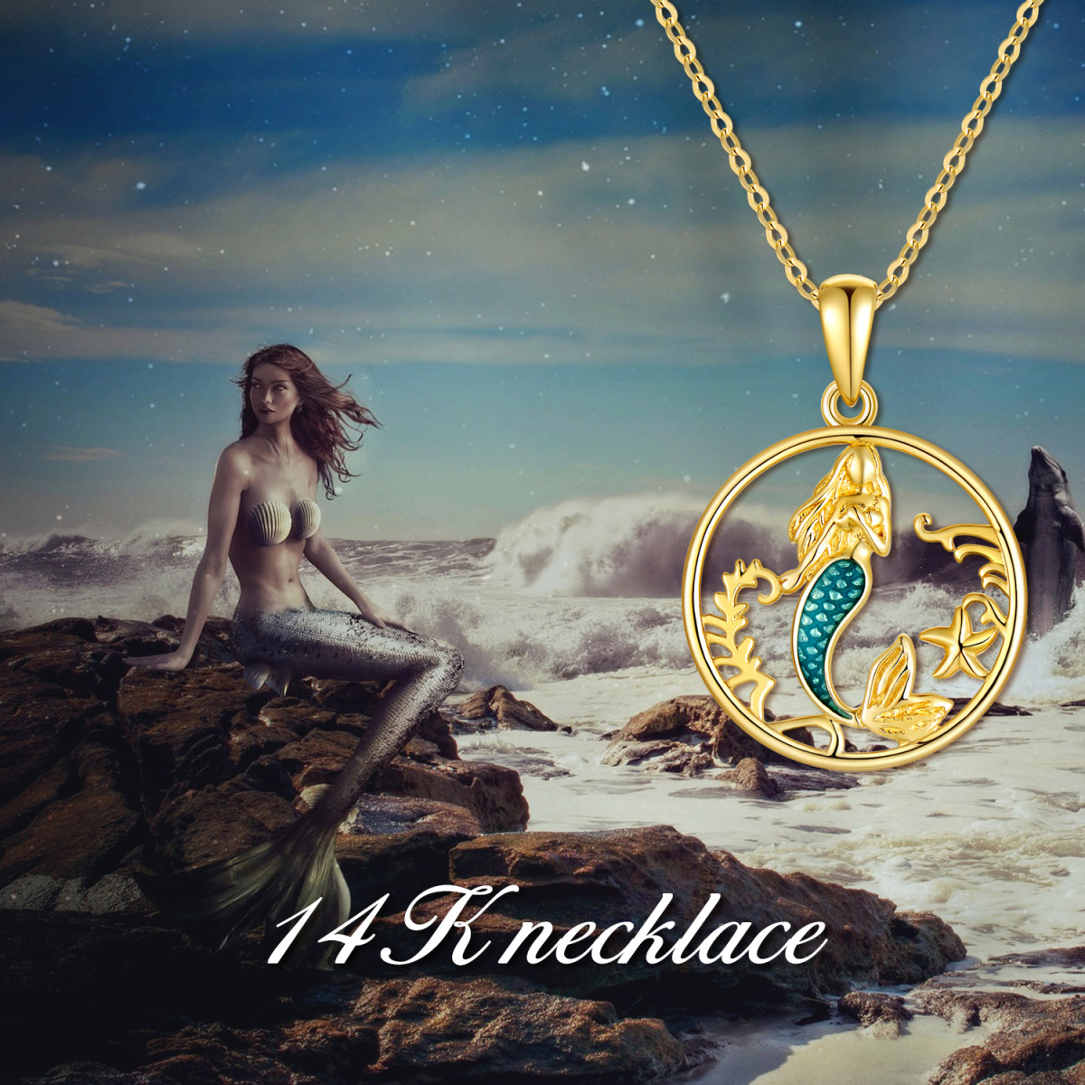 Collier en or 14K avec pendentif sirène de forme circulaire-6