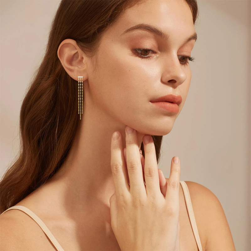 10K Gold Circular Shaped Moissanite Bar Drop Earrings-2