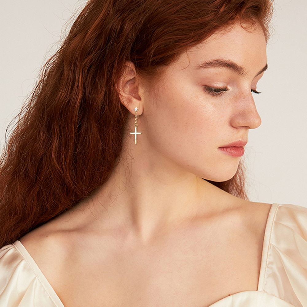 10K Gold Circular Shaped Moissanite Cross Drop Earrings-2