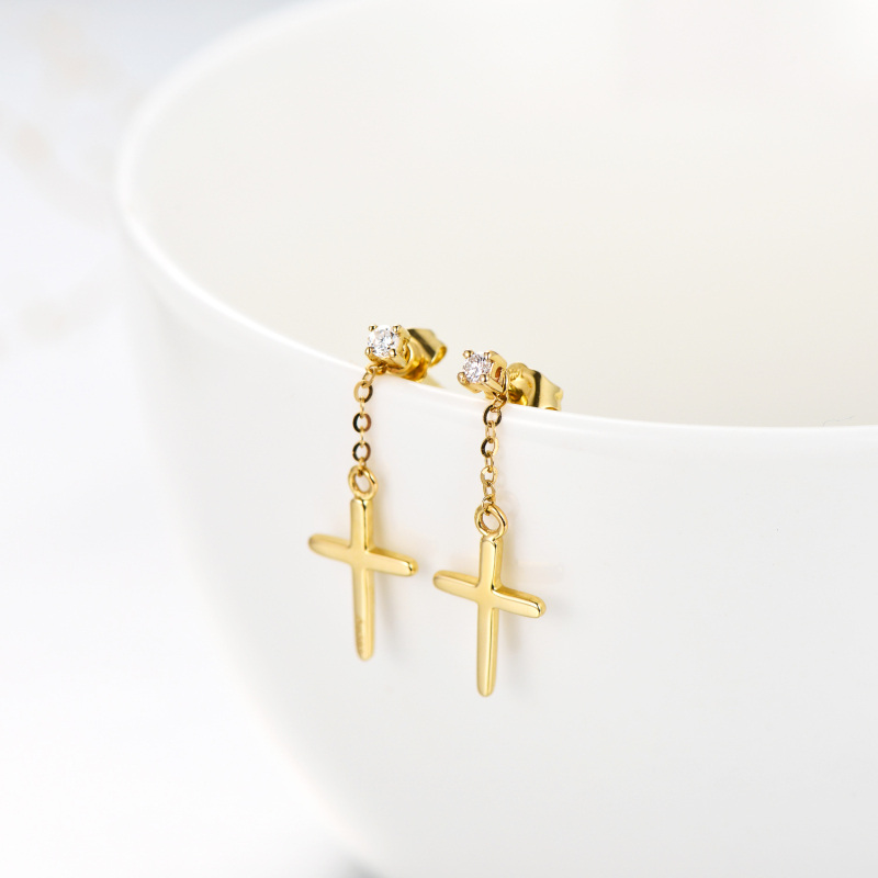 18K Gold Circular Shaped Moissanite Cross Drop Earrings-3