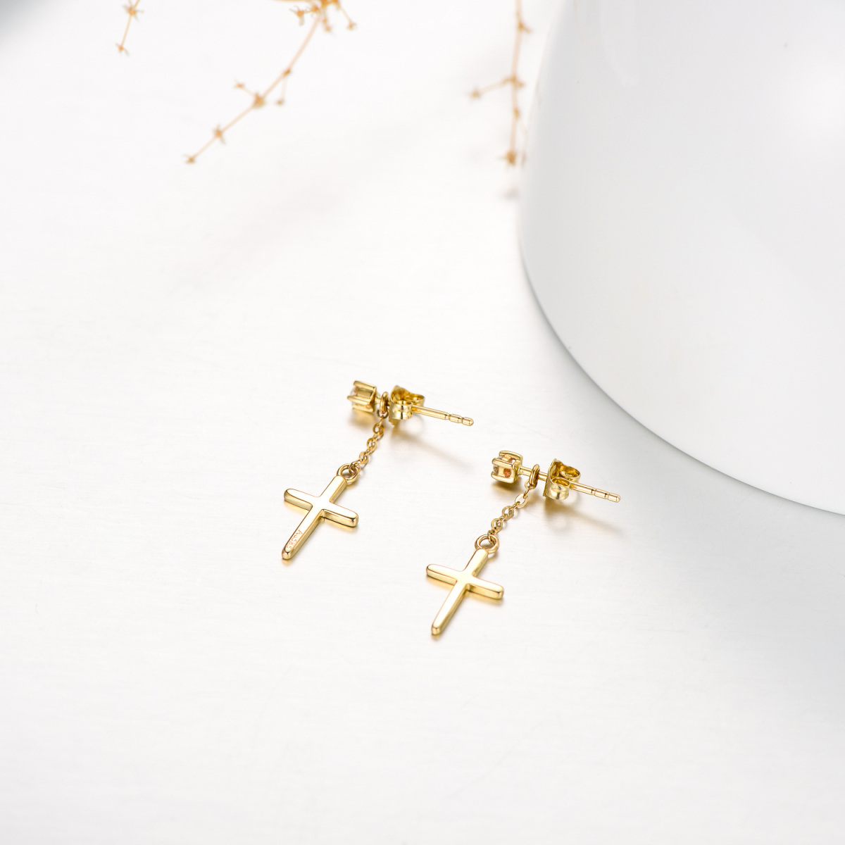 14K Gold Circular Shaped Moissanite Cross Drop Earrings-4