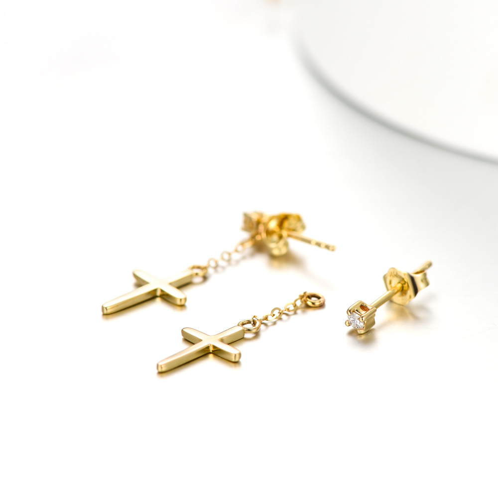 10K Gold Circular Shaped Moissanite Cross Drop Earrings-5