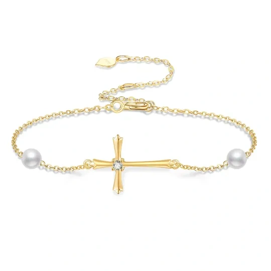 Bracelet en or 14K avec pendentif croix en Moissanite de forme circulaire