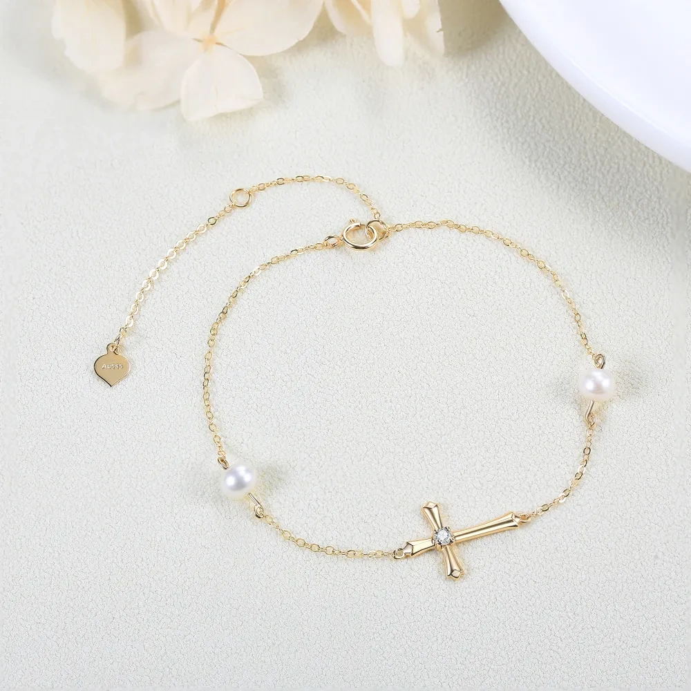 10K Gold kreisförmig Moissanit Kreuz Anhänger Armband-3