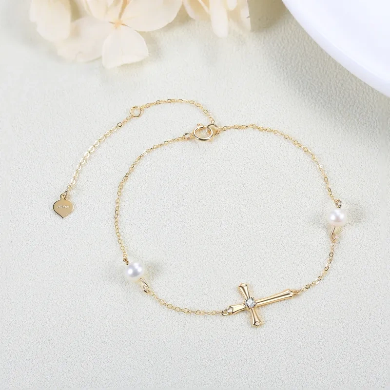 Bracelet en or 18K avec pendentif croix en Moissanite de forme circulaire-3