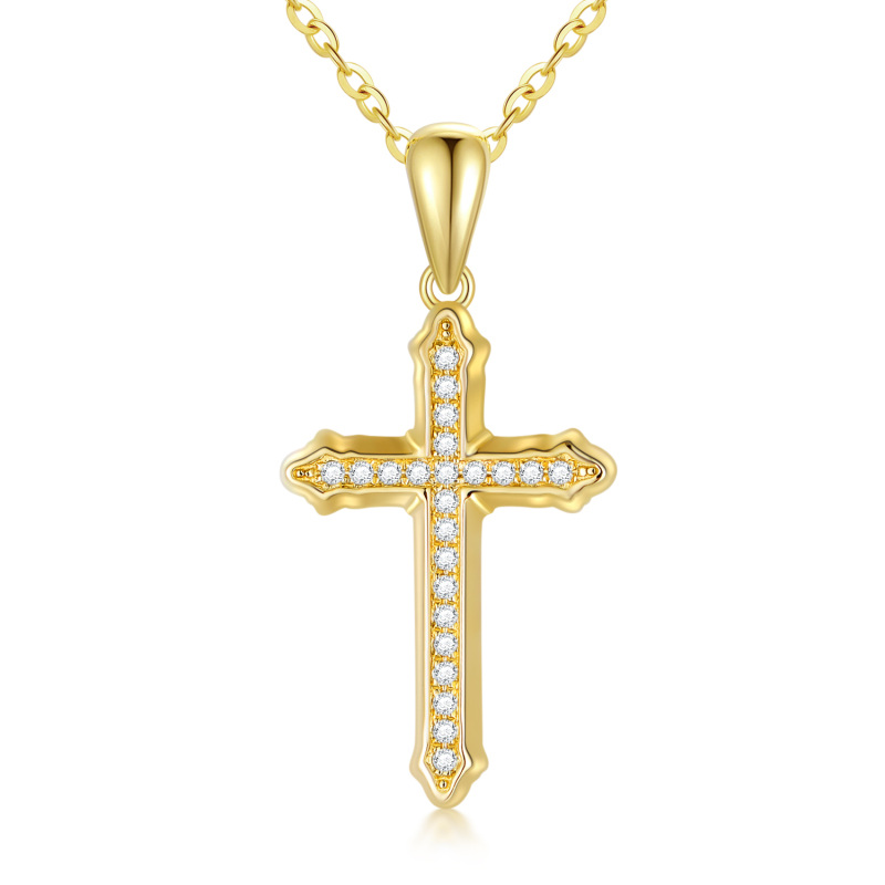 14K Gold Circular Shaped Moissanite Cross Pendant Necklace