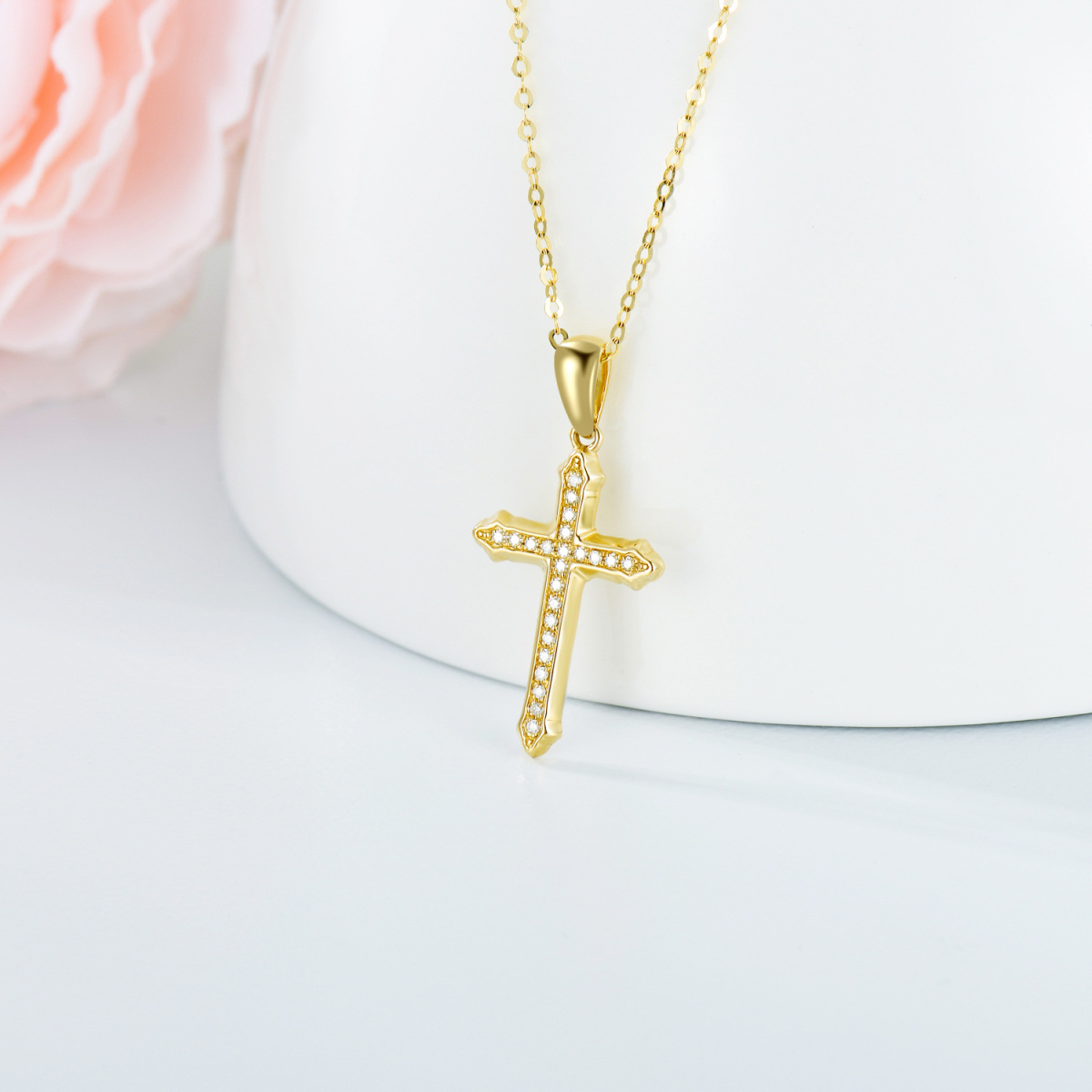 14K Gold Circular Shaped Moissanite Cross Pendant Necklace-3