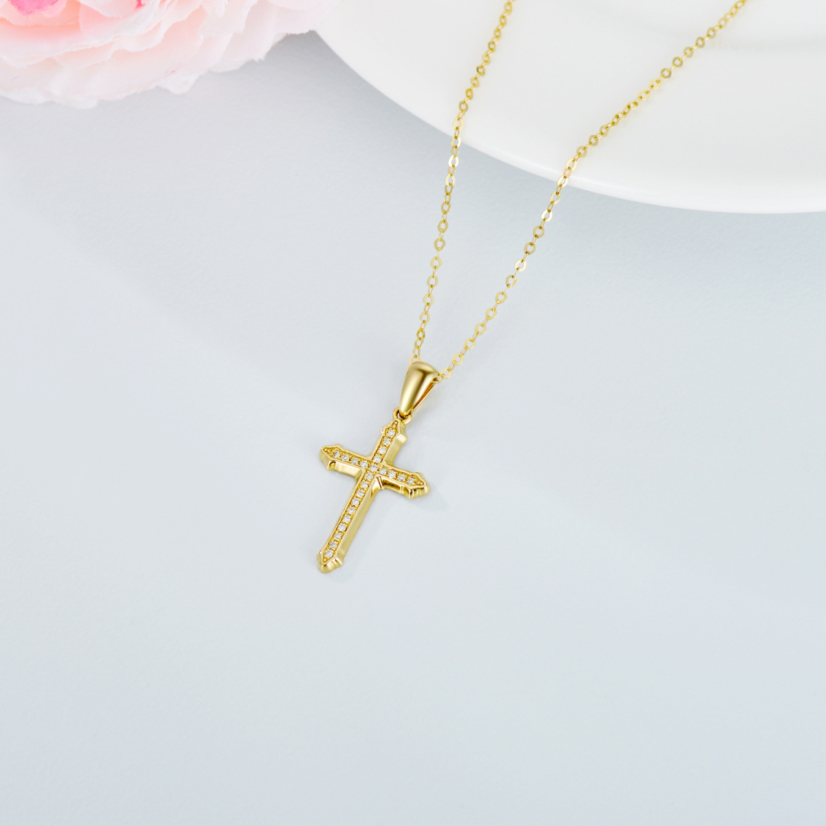 14K Gold Circular Shaped Moissanite Cross Pendant Necklace-4