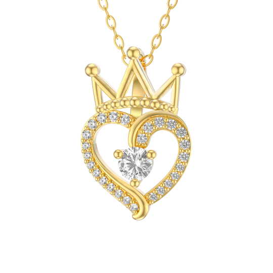 Collana con ciondolo in oro 14K a forma di corona e cuore in moissanite a forma di circolare