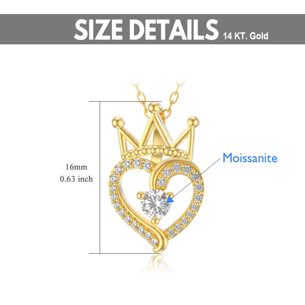 14K Gold Circular Shaped Moissanite Crown & Heart Pendant Necklace-6