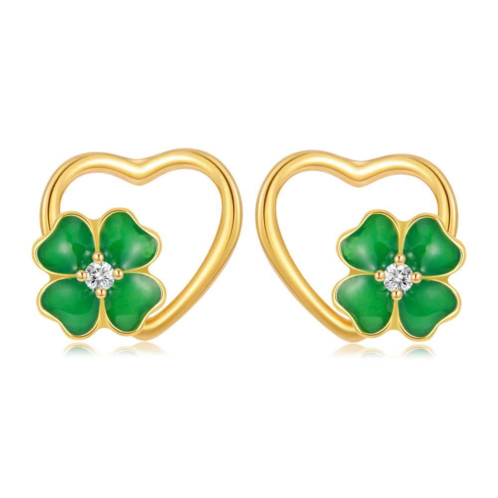 10K Gold Circular Shaped Moissanite Four Leaf Clover Heart Stud Earrings-1