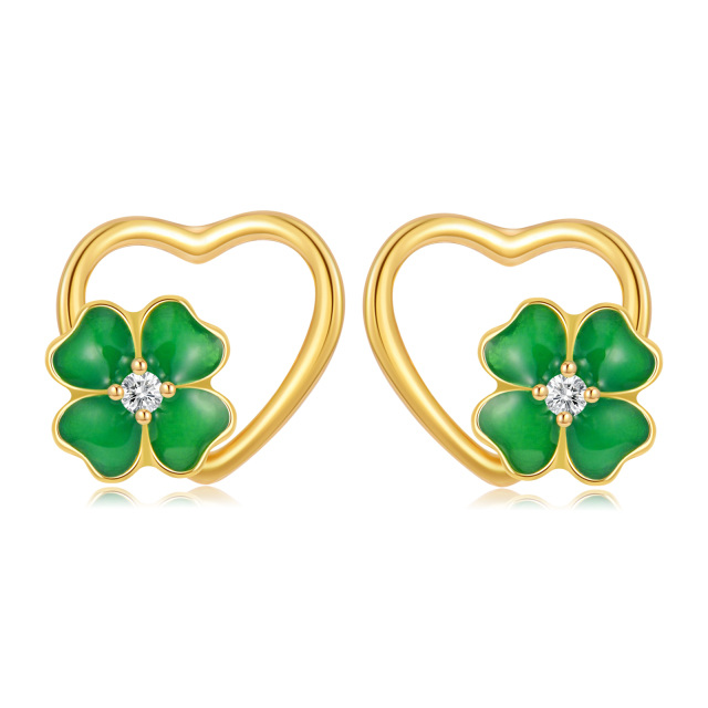 Brincos em ouro de 14 quilates em forma circular Moissanite Four Leaf Clover Heart Stud Br