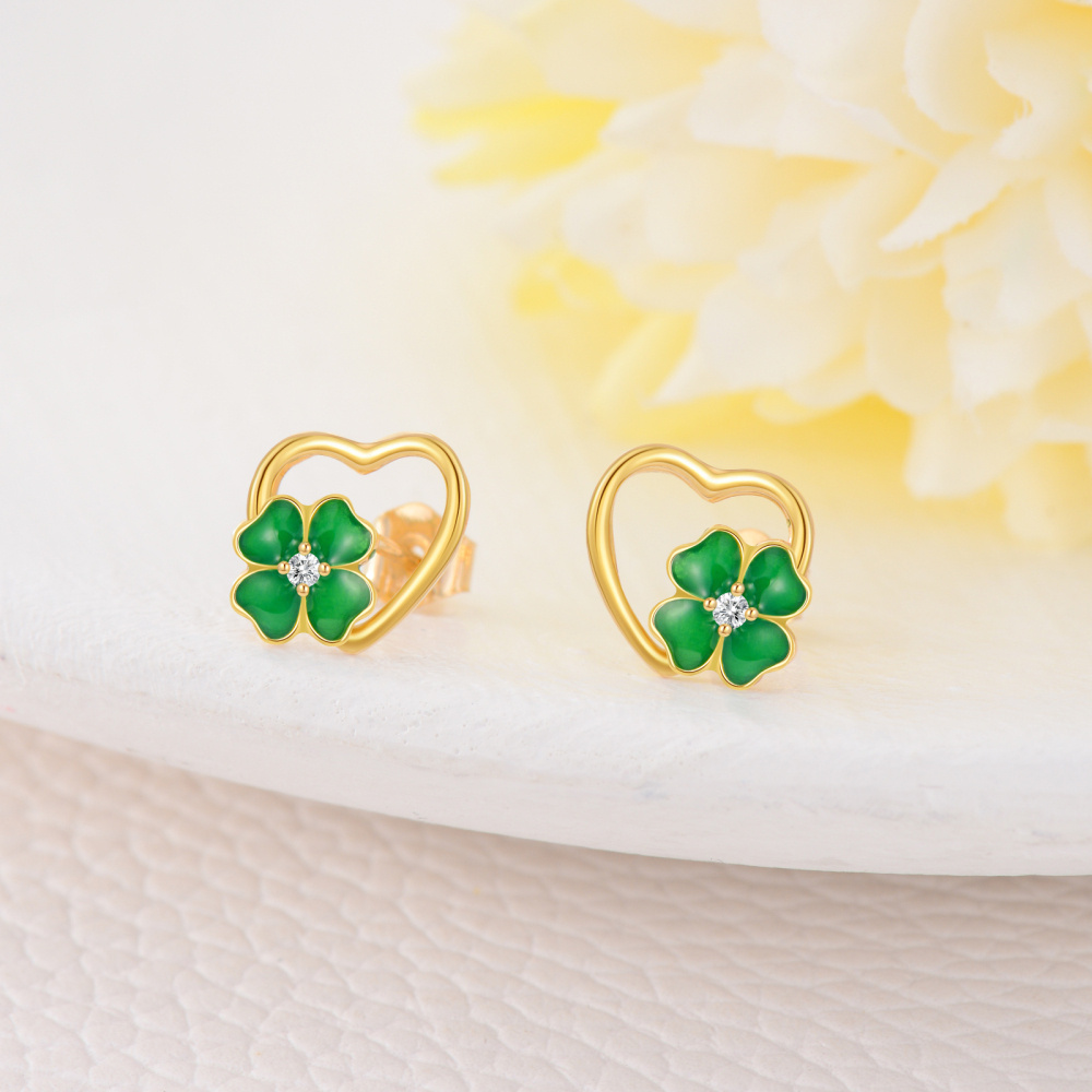 10K Gold Circular Shaped Moissanite Four Leaf Clover Heart Stud Earrings-3