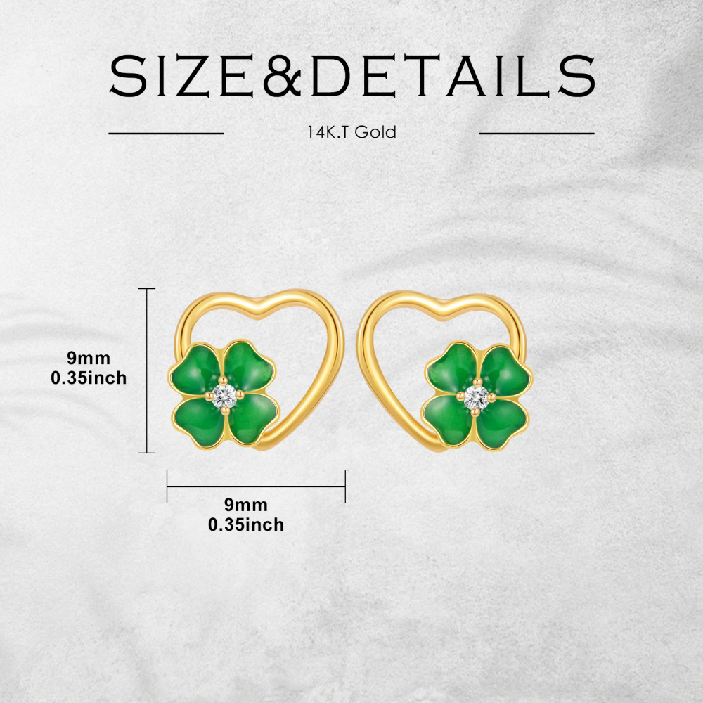 10K Gold Circular Shaped Moissanite Four Leaf Clover Heart Stud Earrings-5