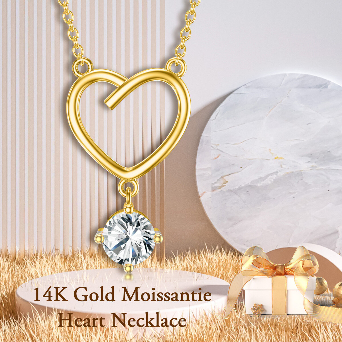 10K Gold Circular Shaped Moissanite Heart Pendant Necklace-3