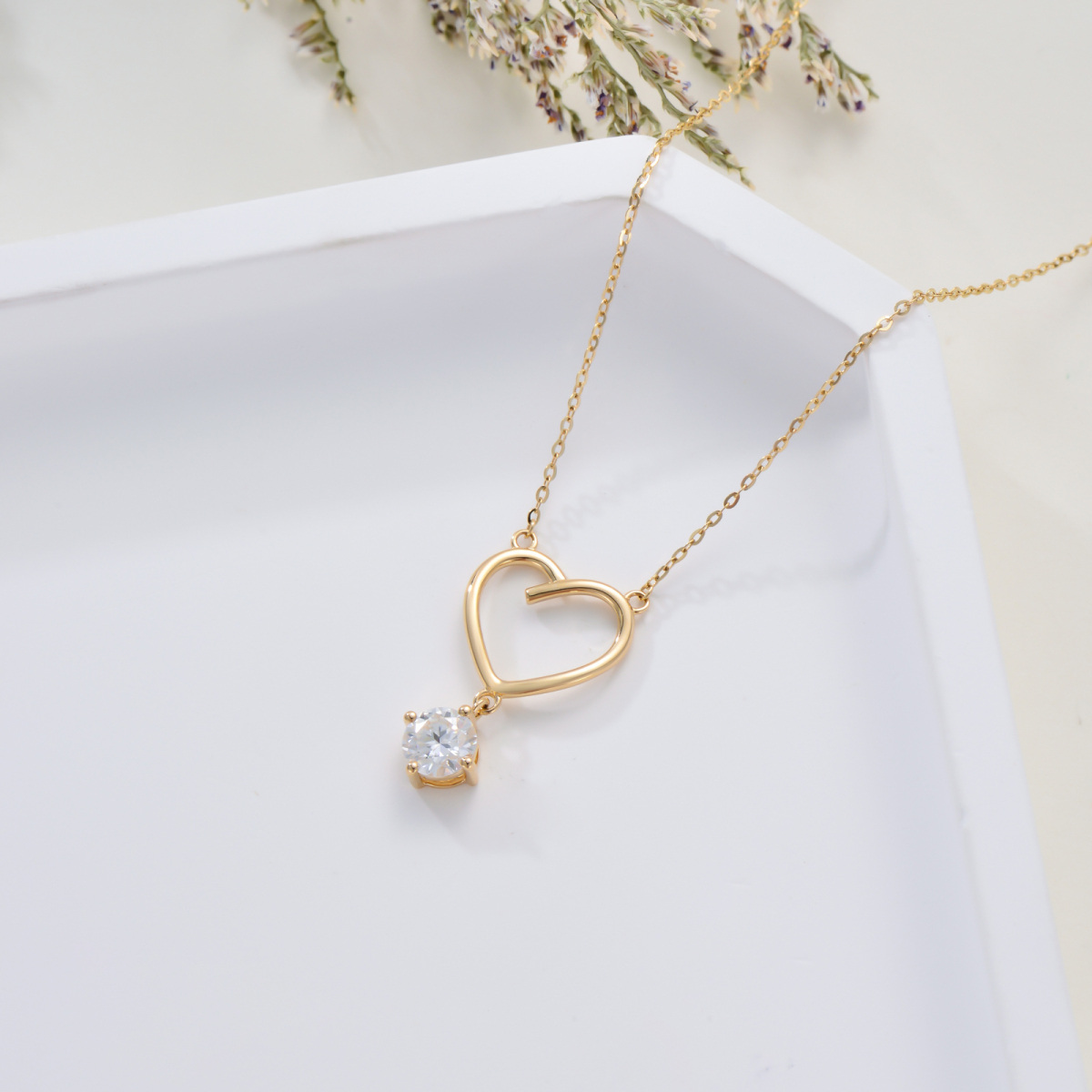 10K Gold Circular Shaped Moissanite Heart Pendant Necklace-6