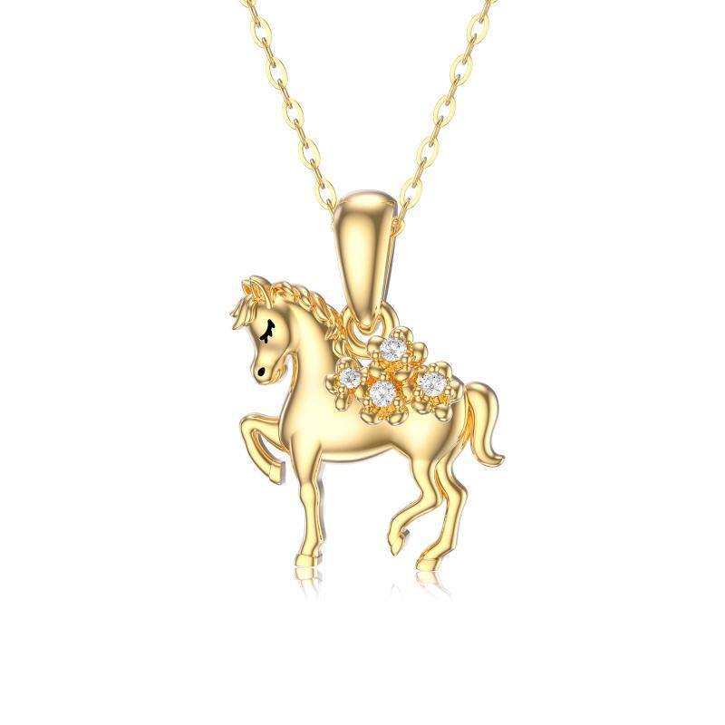 10K Gold Circular Shaped Moissanite Horse Pendant Necklace-1