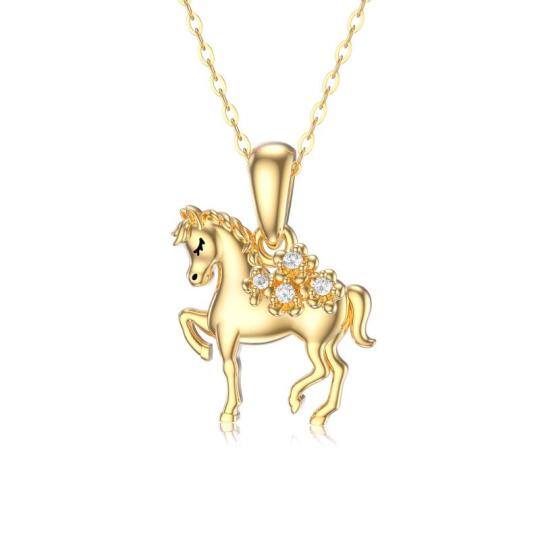 Colar com pingente de cavalo Moissanite em formato circular em ouro 14K