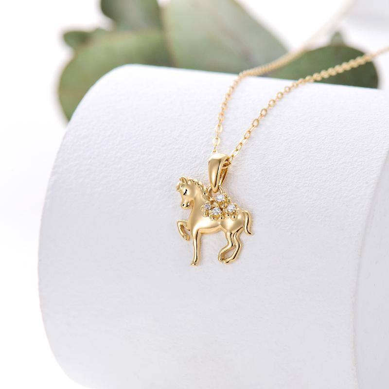 14K Gold Circular Shaped Moissanite Horse Pendant Necklace-3