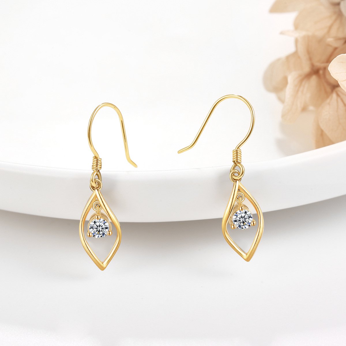 Boucles d'oreilles pendantes en forme de feuilles de moissanite circulaires en or 14 carats-3