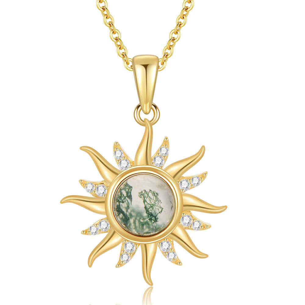 10K Gold Circular Shaped Moissanite & Moss Agate Sun Pendant Necklace-1