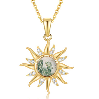 10K Gold Circular Shaped Moissanite & Moss Agate Sun Pendant Necklace-18