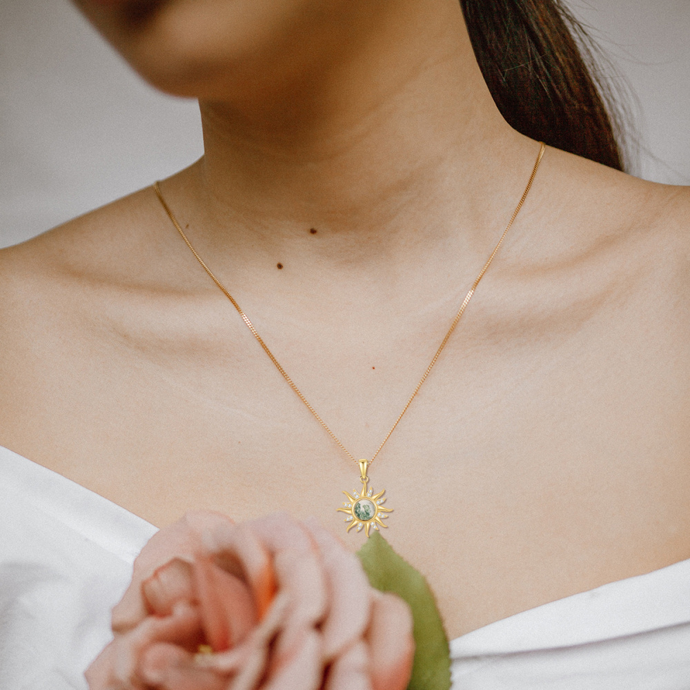 10K Gold Circular Shaped Moissanite & Moss Agate Sun Pendant Necklace-2