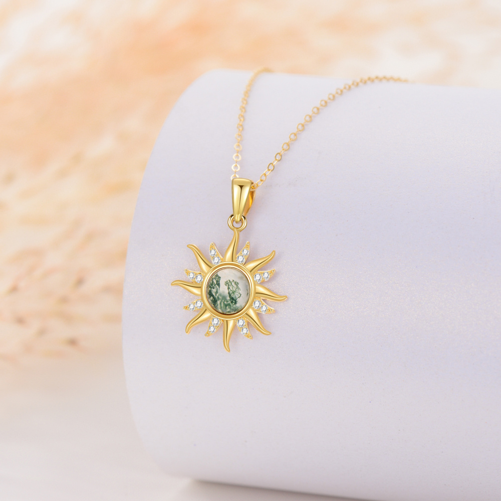 10K Gold Circular Shaped Moissanite & Moss Agate Sun Pendant Necklace-3
