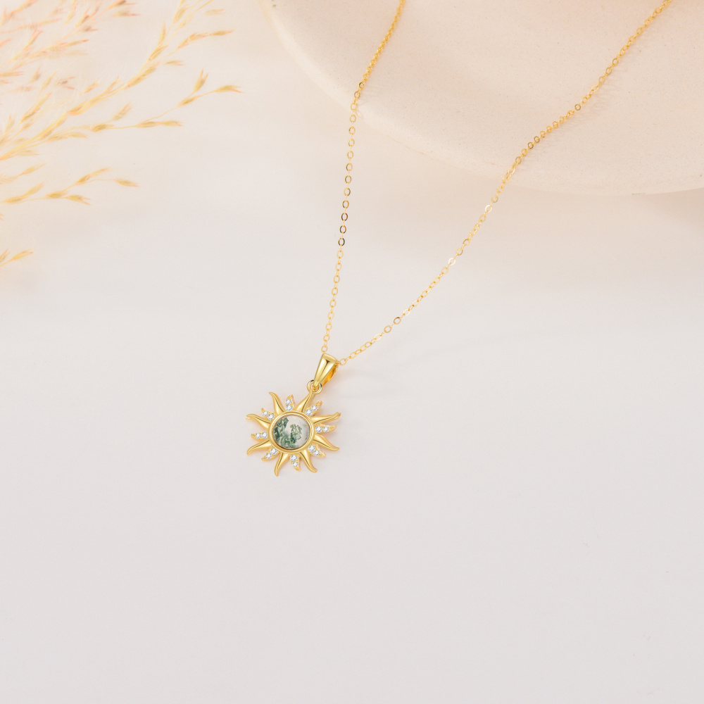 10K Gold Circular Shaped Moissanite & Moss Agate Sun Pendant Necklace-4