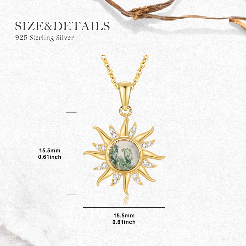 10K Gold Circular Shaped Moissanite & Moss Agate Sun Pendant Necklace-5