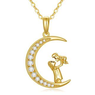 14K Gold Circular Shaped Moissanite Mother & Daughter Moon Pendant Necklace-2