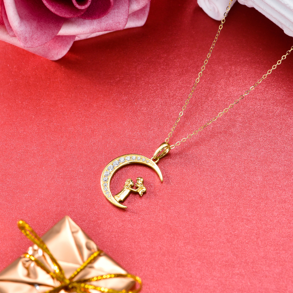 10K Gold Circular Shaped Moissanite Mother & Daughter Moon Pendant Necklace-4