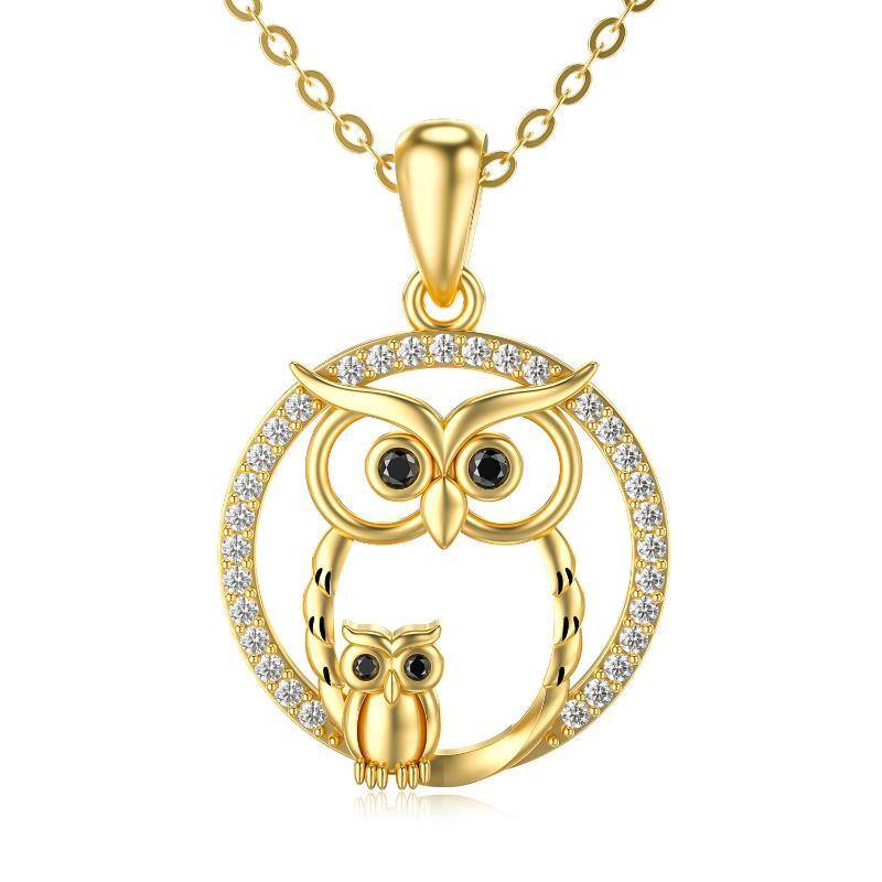 10K Gold Circular Shaped Moissanite Owl Pendant Necklace-1