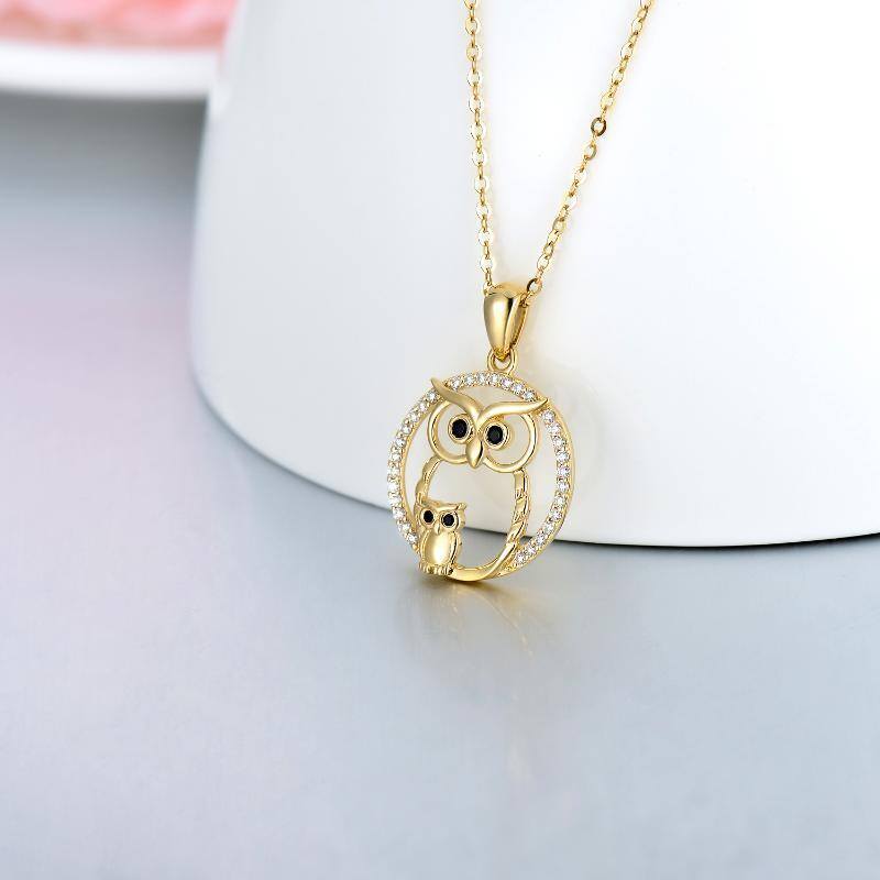 14K Gold Circular Shaped Moissanite Owl Pendant Necklace-4