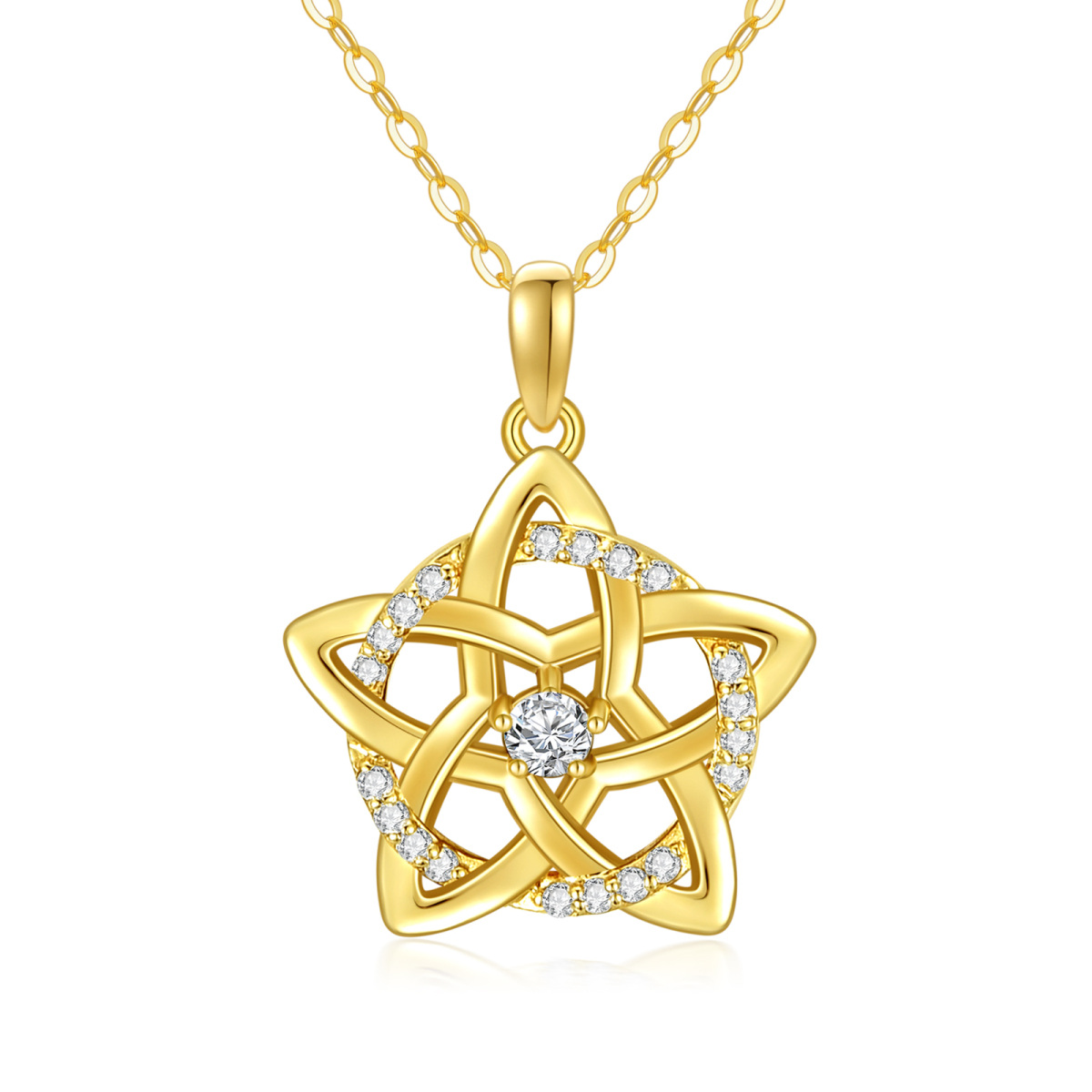 10K Gold Circular Shaped Moissanite Pentagram & Round Pendant Necklace-1