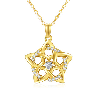 10K Gold Circular Shaped Moissanite Pentagram & Round Pendant Necklace-34