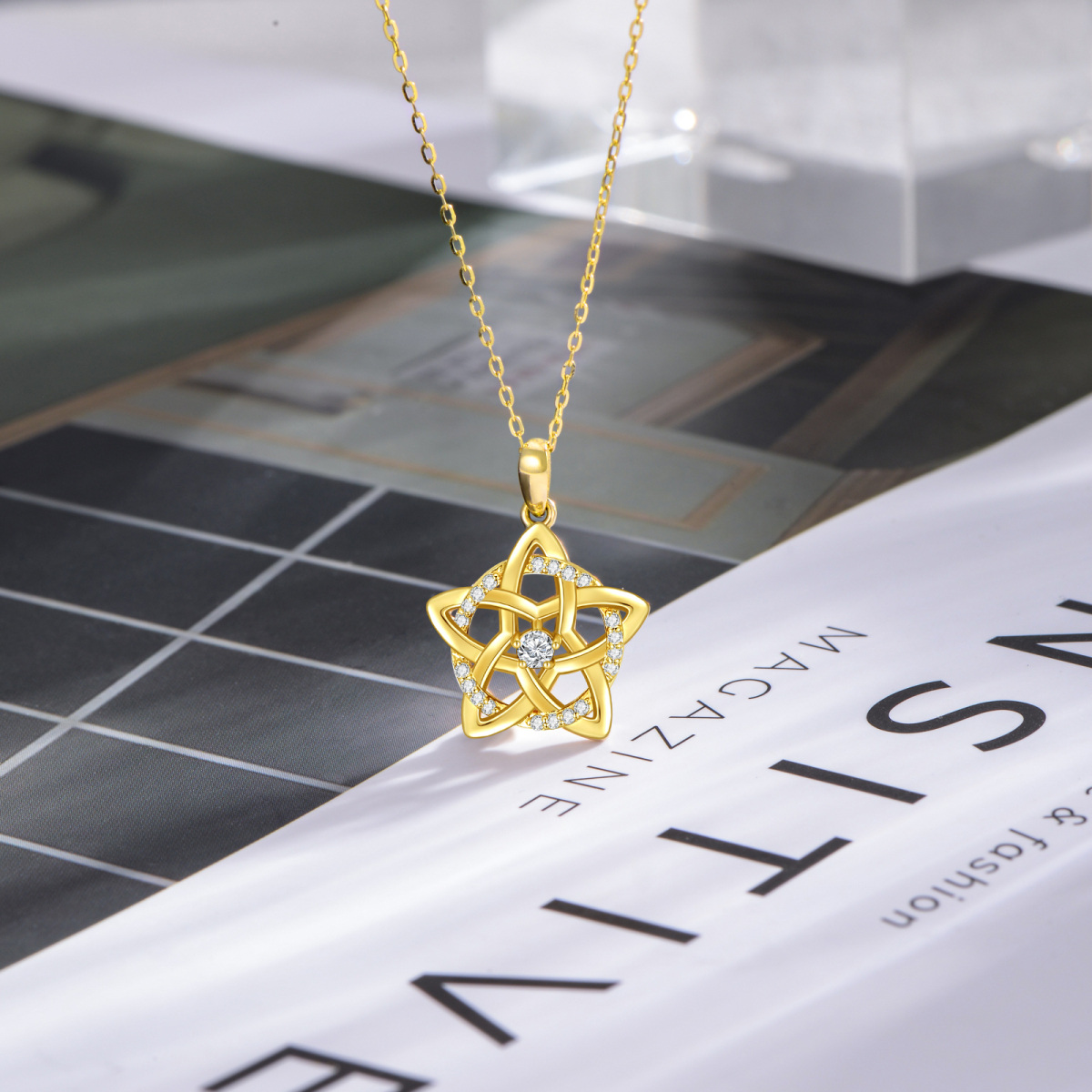 14K Gold kreisförmig Moissanite Pentagramm & Runde Anhänger Halskette-3