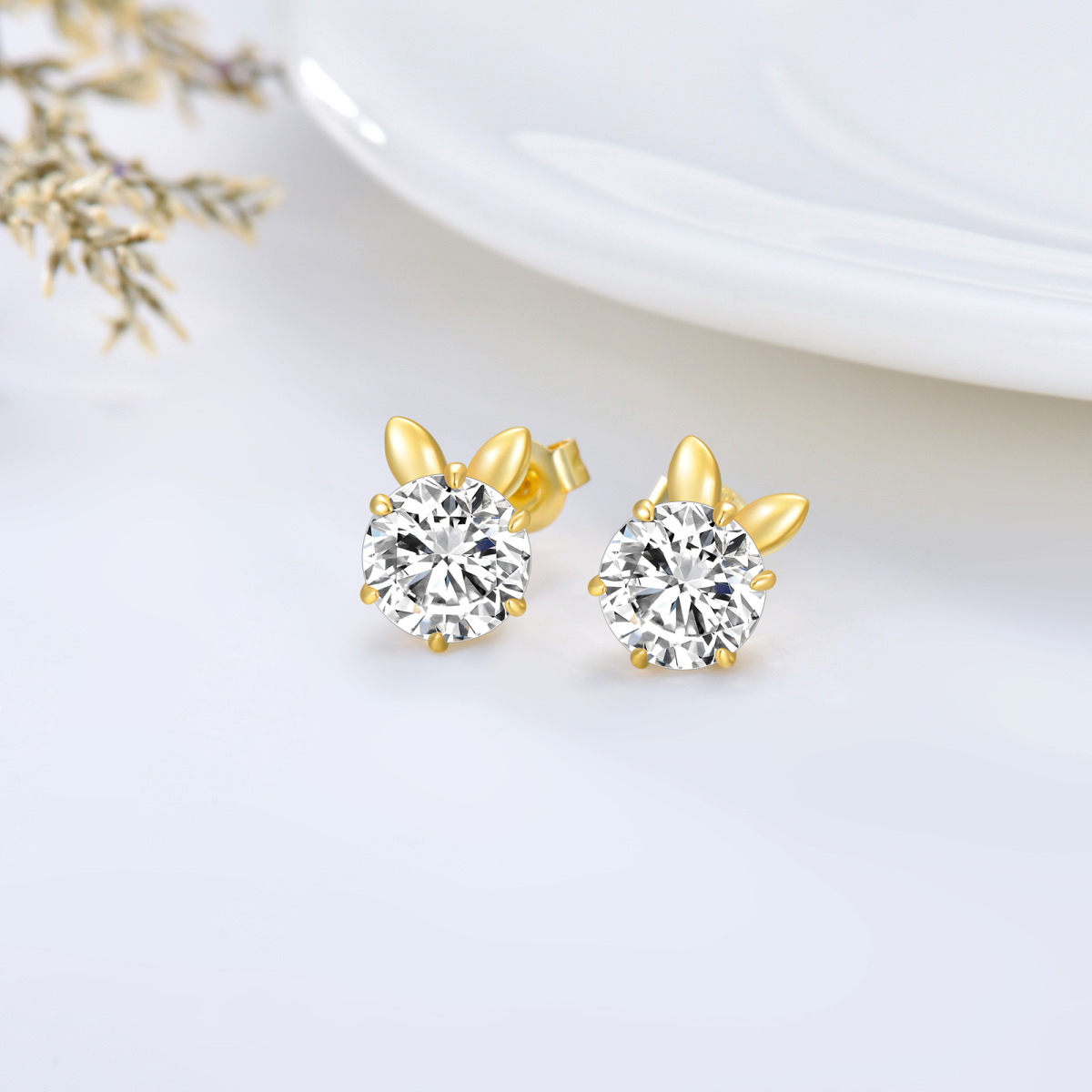 10K Gold Circular Shaped Moissanite Rabbit Stud Earrings-3