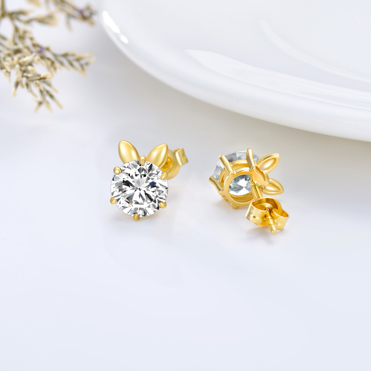 10K Gold Circular Shaped Moissanite Rabbit Stud Earrings-4