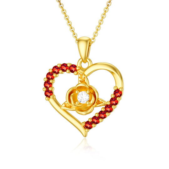 Collana con ciondolo circolare in oro 14K a forma di rosa e cuore di moissanite