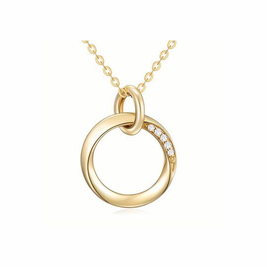 Colar com pingente de charme de círculos duplos em ouro real 14K para mulheres