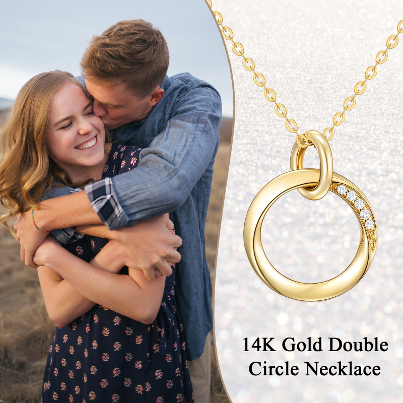 Colar com pingente de charme de círculos duplos em ouro real 10K para mulheres-5