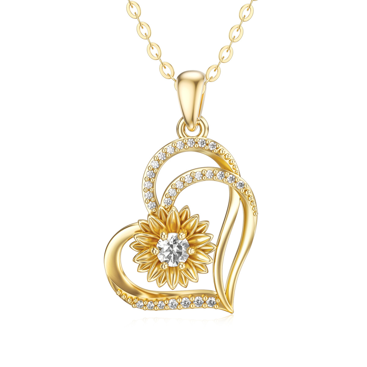 14K Gold Circular Moissanite Sunflower Heart With Heart Pendant Necklace For Women-1