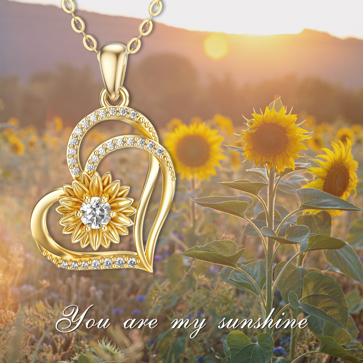 14K Gold Circular Moissanite Sunflower Heart With Heart Pendant Necklace For Women-5