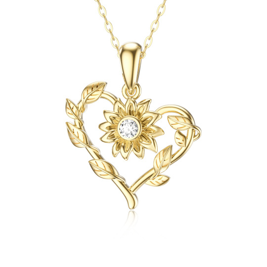 Collier en or 14K avec pendentif fleur de soleil et coeur en Moissanite de forme circulair