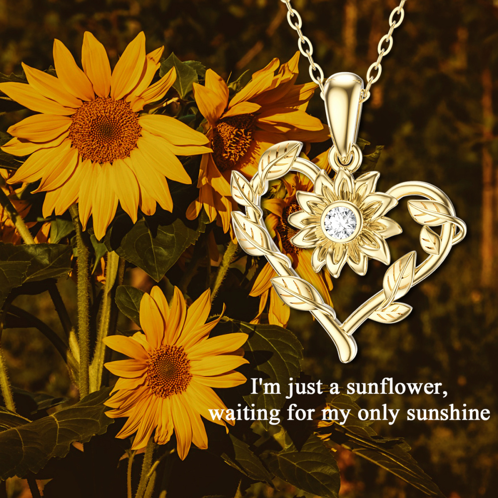 Collana con ciondolo circolare in oro 10K a forma di girasole e cuore di moissanite-5